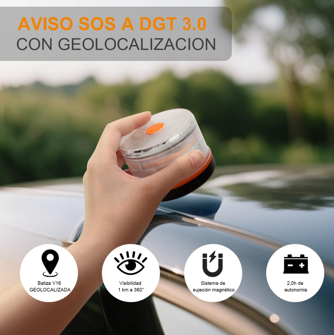 DarkFairy Luz de Emergencia V16 Aprobada por la DGT con Geolocalización 3.0 – Señalización de Ubicación para Automóviles, Plan de Datos Incluido – Base Magnética IP54 – Cumple con la Normativa 2026