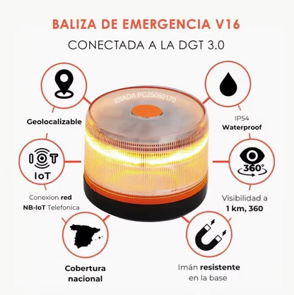 DarkFairy Luz de Emergencia V16 Aprobada por la DGT con Geolocalización 3.0 – Señalización de Ubicación para Automóviles, Plan de Datos Incluido – Base Magnética IP54 – Cumple con la Normativa 2026